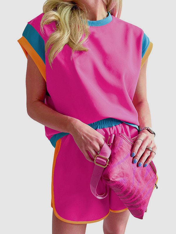 Contrast Color Short Sleeves Round-Neck T-Shirt + Elasticity Shorts Two Pieces Set