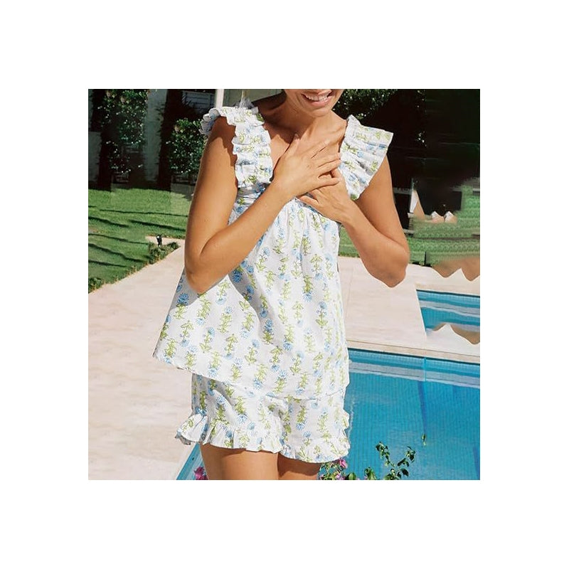 Women Fashion Casual Breathable Floral Printed Sleeveless Top Loose Shorts Pajamas Two-Piece Set