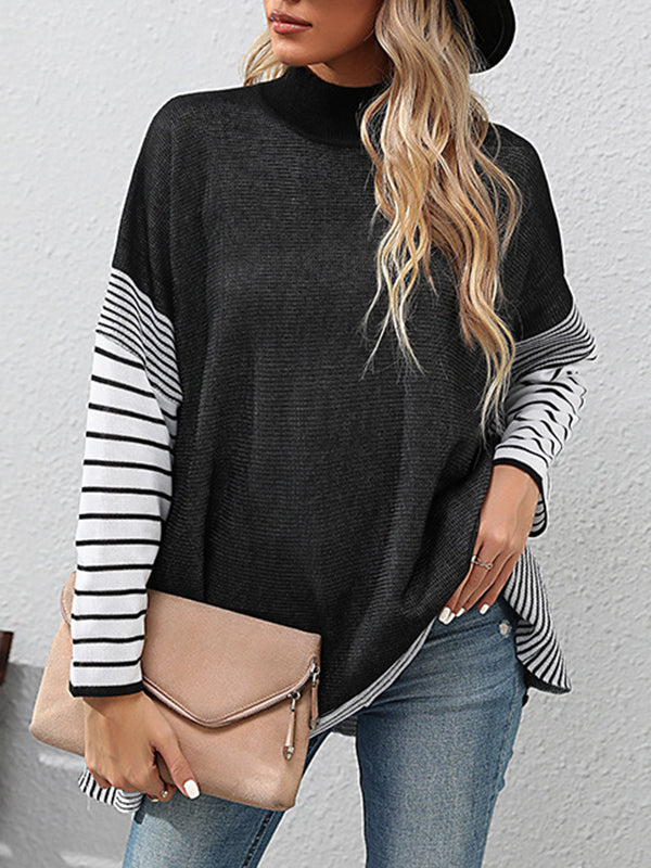 Long Sleeves Loose Contrast Color Striped Mock Neck Pullovers Sweater Tops