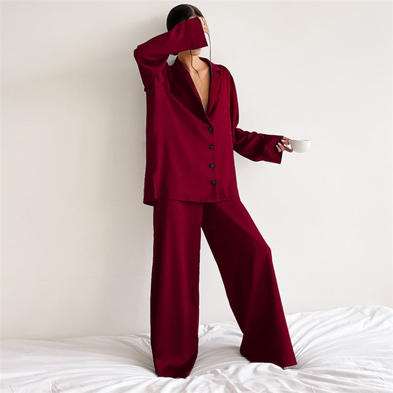 Women Fashion Casual Solid Color Ice Silk Lapel Long-Sleeve Loose Pants Pajamas Two-Piece Set