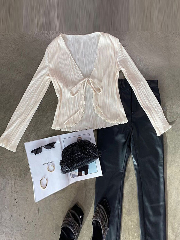 Long Sleeves Loose Lace-Up Pleated Solid Color Split-Joint Deep V-Neck Blouses&Shirts Tops