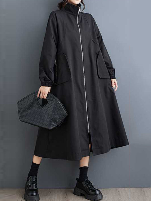 Long Sleeves Loose Elasticity Pockets Split-Joint Zipper High Neck Outerwear Trench Coats