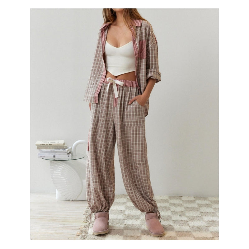 Women Fashion Casual Plaid Lapel Long Sleeve Top Loose Drawstring Pants Pajamas Set
