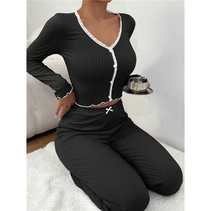 Women Casual Solid Color Lace Pajamas Longewear