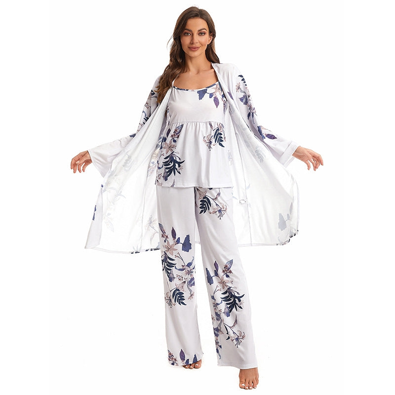 Women Fashion Casual Printed Camisole Loose Pants Long-Sleeve Coat Pajamas Three-Piece Set