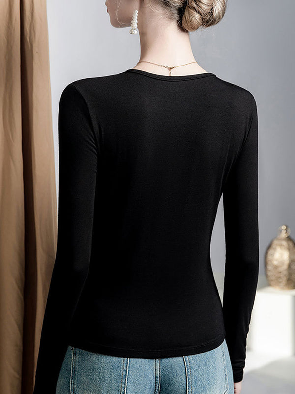 Irregularity Long Sleeves Mesh Slightly Sheer Split-Joint V-Neck T-Shirts