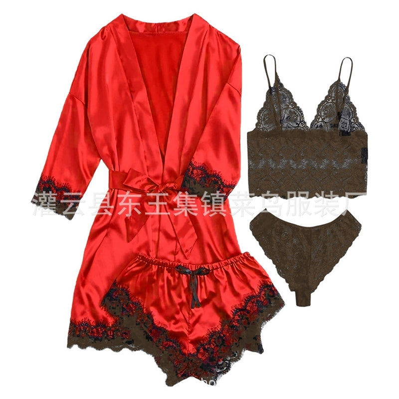 Sexy Women Lace Splicing Straps Long Sleeves Home Pajamas Four-Piece Set