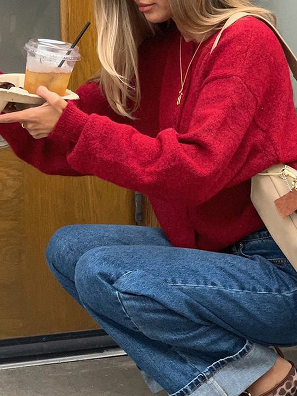 Long Sleeves Loose Buttoned Solid Color Round-Neck Cardigan Tops