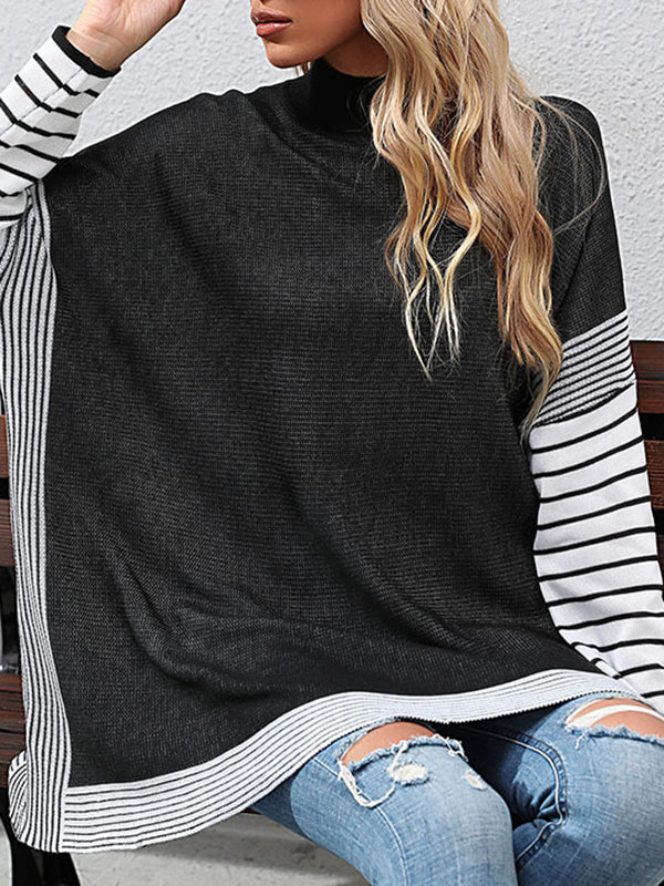 Long Sleeves Loose Contrast Color Striped Mock Neck Pullovers Sweater Tops