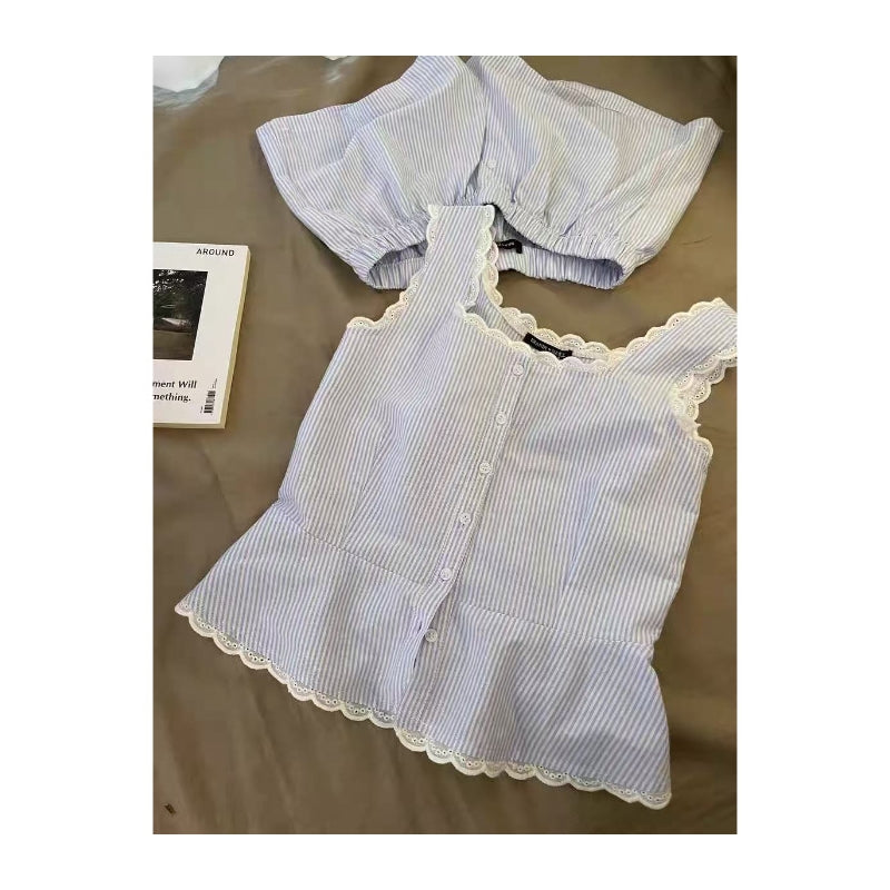 Women Fashion Casual Cotton Stripe Tank Top Loose Shorts Pajamas Two-Piece Set