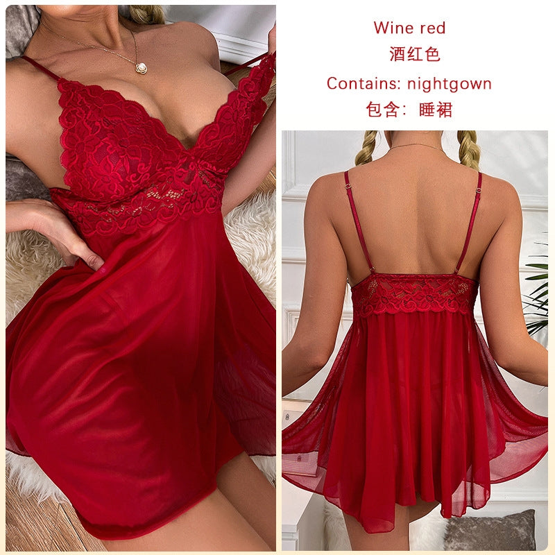 Women Fashion Sexy Deep V Lace Mesh Perspective Sexy Pajamas