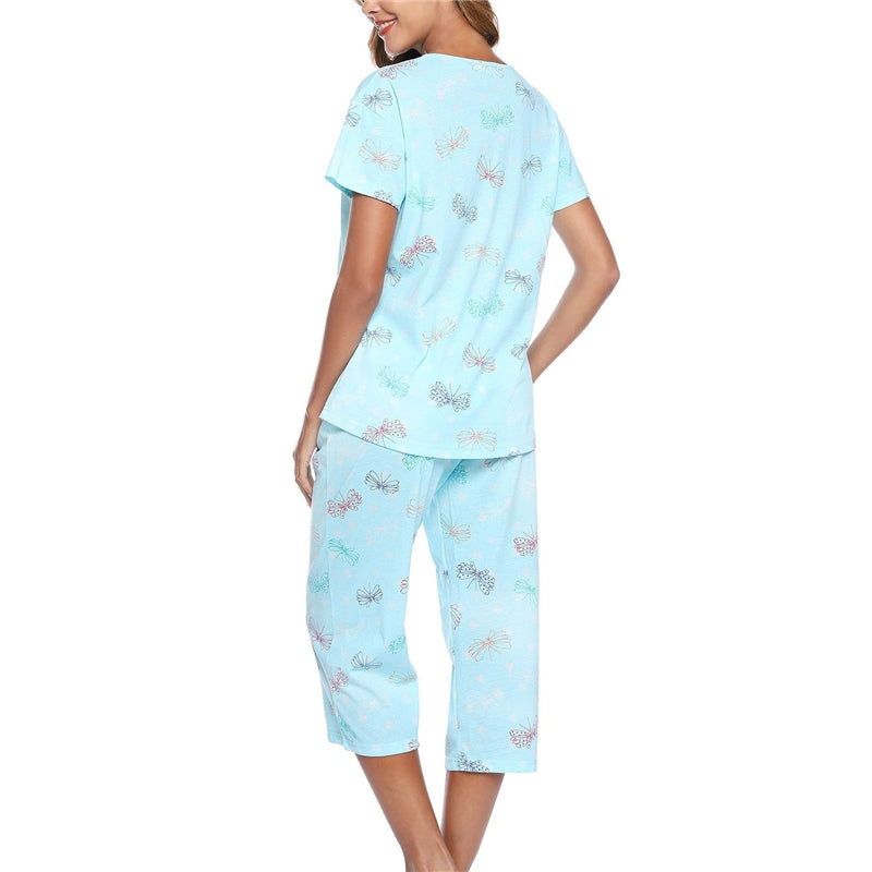 Women Fashion Casual Printed V-Neck Short-Sleeve T-Shirt Loose Pants Pajamas Set