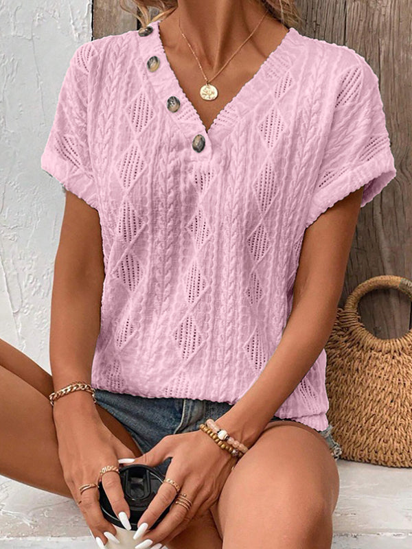 Loose Short Sleeves Buttoned Solid Color V-Neck T-Shirts Tops