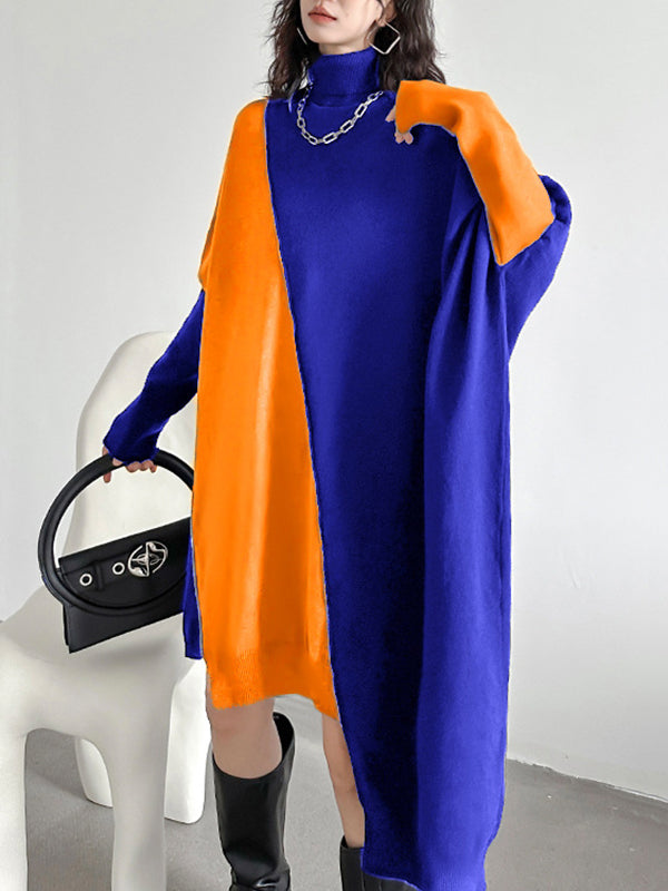 Batwing Sleeves Hipster Asymmetric Contrast Color Split-Joint High-Neck Midi Dresses Sweater Dresses
