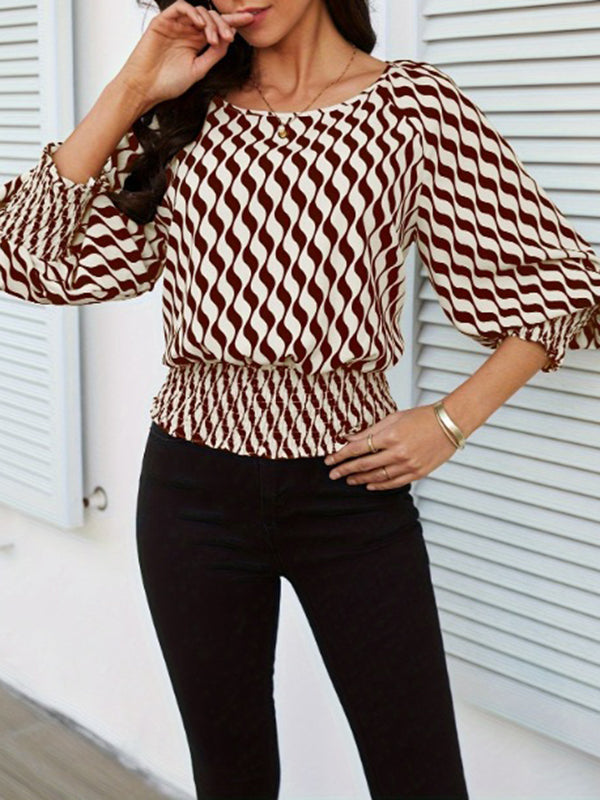Loose Puff Sleeves Elasticity Printed Split-Joint Round-Neck Blouses&Shirts Tops