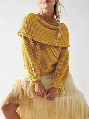 Long Sleeves Loose Solid Color Split-Joint Round-Neck Sweater Tops