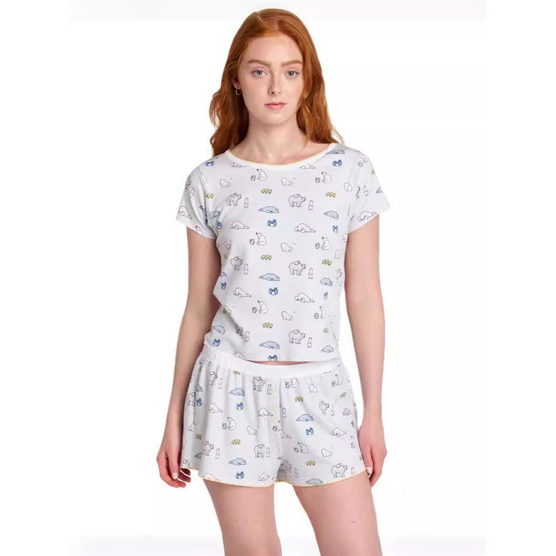 Women Fashion Casual Printed T-Shirt Loose Shorts Pajamas Two-Piece Set