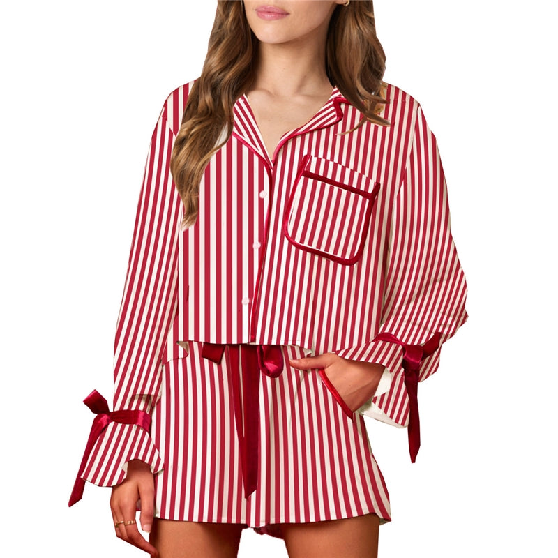 Women Fashion Casual Printed Loose Lapel Long-Sleeve Lace-Up Shorts Pajamas Two-Piece Set