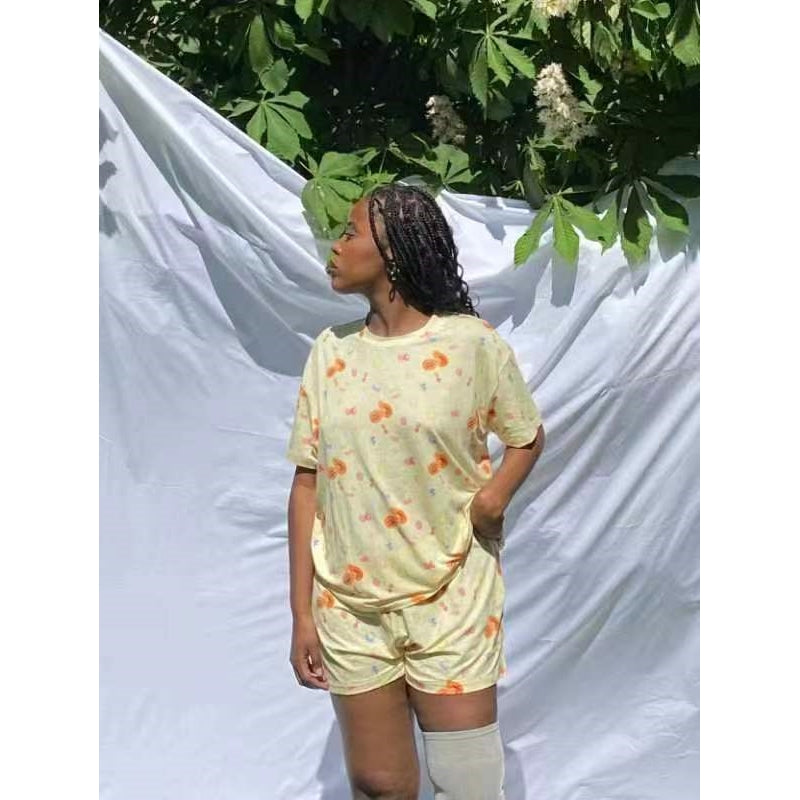 Women Fashion Casual Printed Short-Sleeve T-Shirt Loose Shorts Pajamas Two-Piece Set