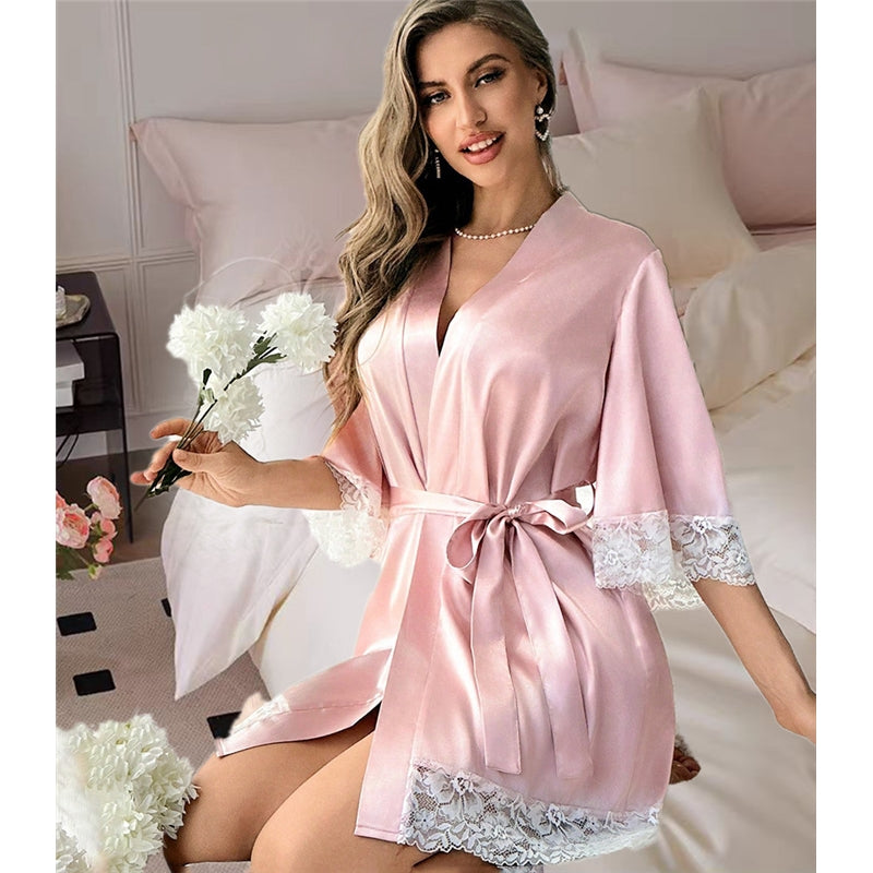 Women Fashion Sexy Solid Color Lace Stitching Ice Silk Lace-Up Pajamas