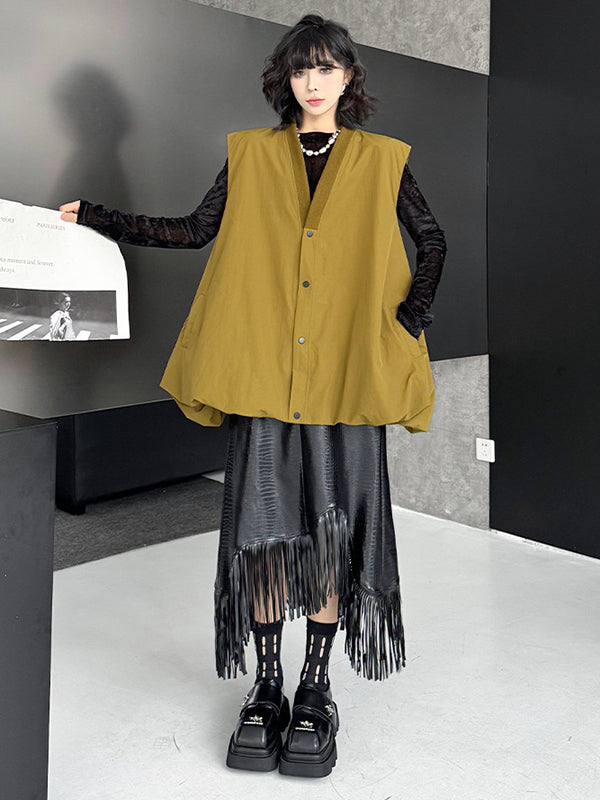 A-Line Hipster Buttoned Solid Color V-Neck Vest Top