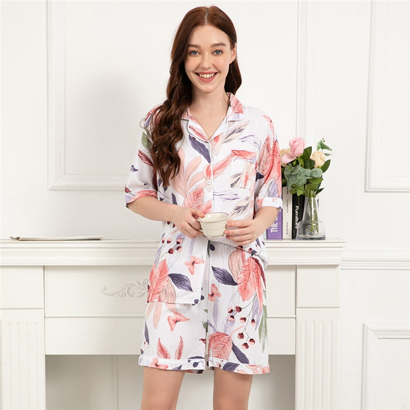 Women Fashion Casual Cotton Printed Short Sleeve Lapel Top Loose Shorts Pajamas Two-Piece Set