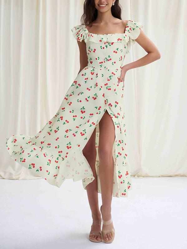 High Waisted Loose Buttoned Elasticity Flower Print Pleated Square-Neck Midi Dresses