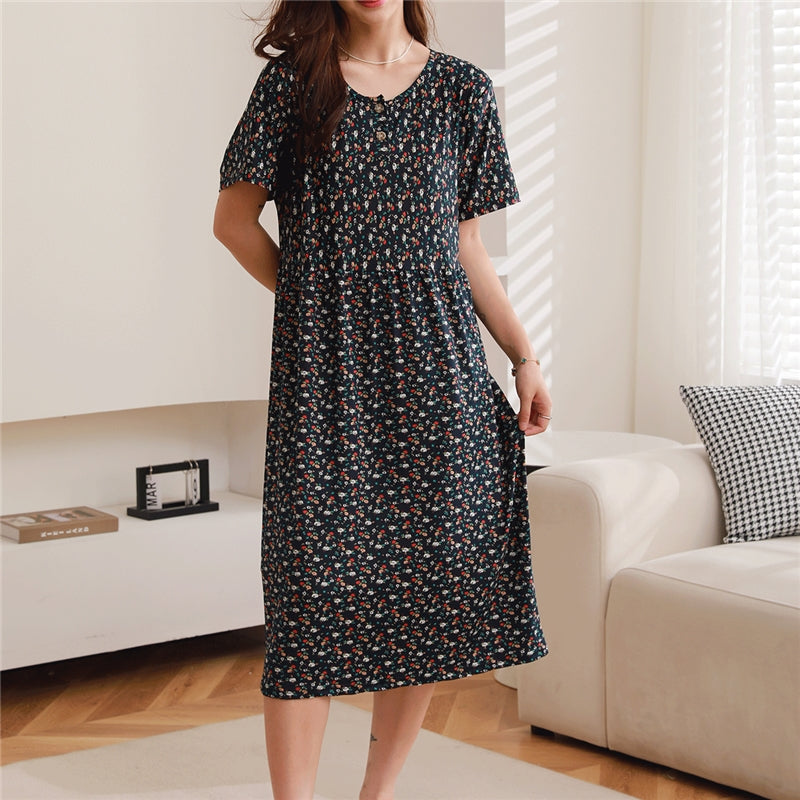 Women Fashion Casual Floral Printed Short Sleeve Loose Dress Pajamas
