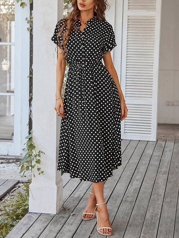 A-Line High Waisted Buttoned Drawstring Polka-Dot V-Neck Midi Dresses