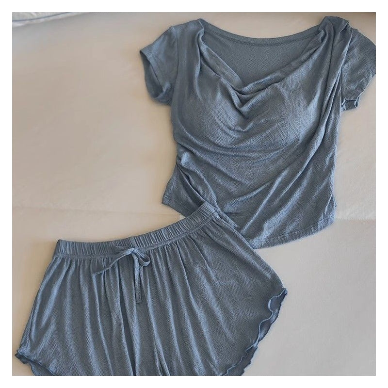 Women Fashion Casual Solid Color Cotton Short-Sleeved T-Shirt Loose Shorts Pajamas Two-Piece Set