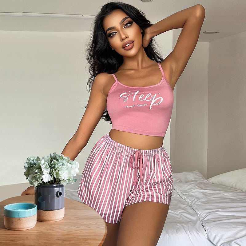 Women Fashion Sexy Letter Printed Camisole Loose Stripe Drawstring Shorts Pajamas Two-Piece Set