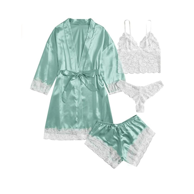 Sexy Women Lace Splicing Straps Long Sleeves Home Pajamas Four-Piece Set