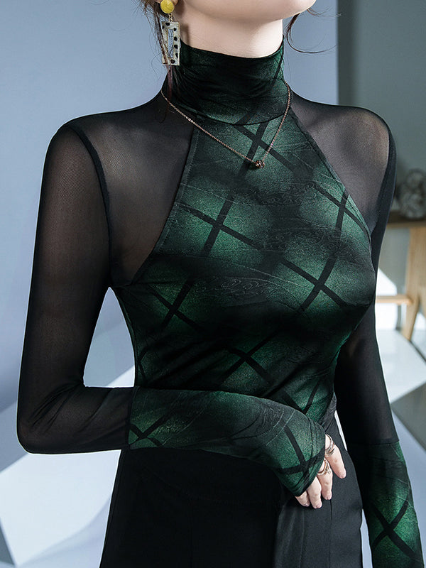 Long Sleeves Skinny Split-Joint High Neck T-Shirts Tops