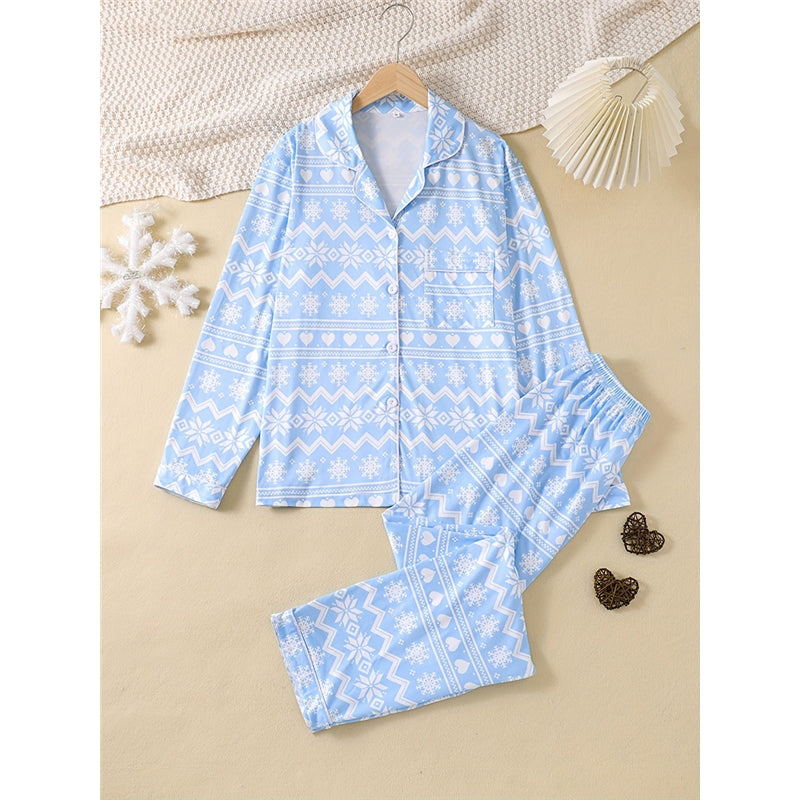 Women Fashion Snowflake Print Pajamas Two-Piece Set