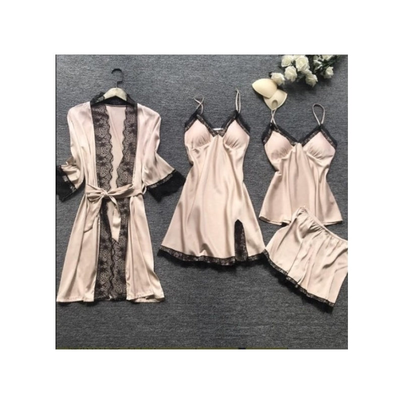 Women Sexy Solid Color Four-Piece Sling Pajamas