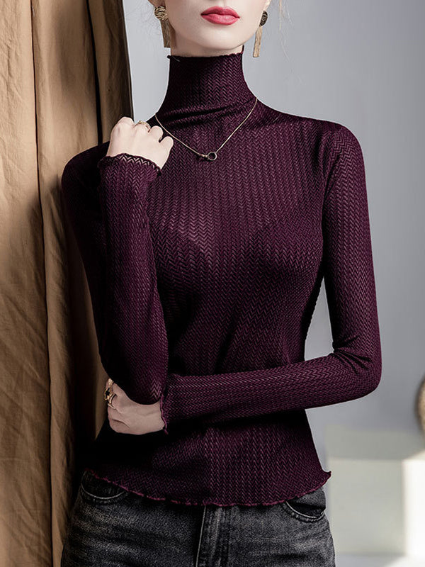 Long Sleeves Plus Size Mesh See-Through Slightly Sheer Split-Joint High Neck T-Shirts