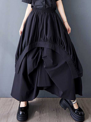 A-Line Loose Asymmetric Elasticity Pleated Pockets Solid Color Skirts Bottoms