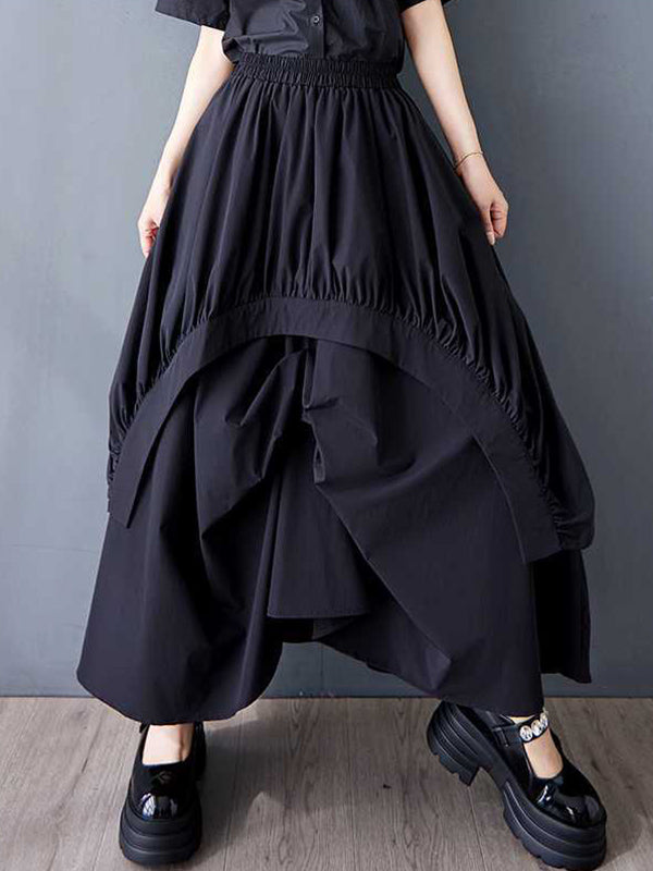 A-Line Loose Asymmetric Elasticity Pleated Pockets Solid Color Skirts Bottoms