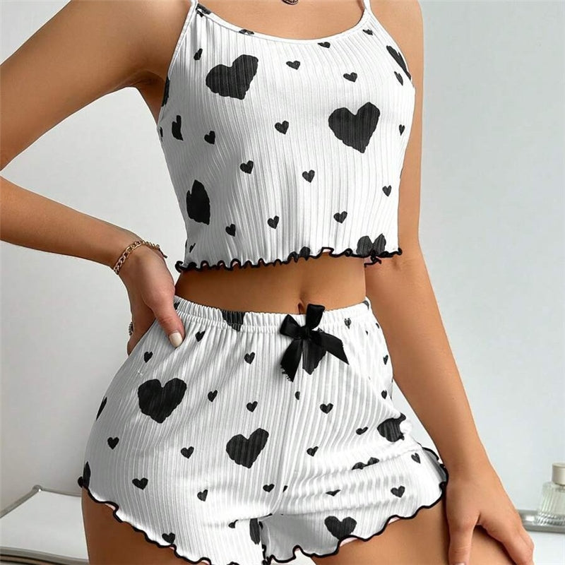 Women Fashion Sexy Strip Love Print Camisole Slim Fit Shorts Pajamas Two-Piece Set