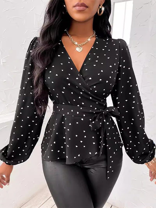 Long Sleeves Puff Sleeves Heart Print Tied Waist Deep V-Neck Blouses&Shirts Tops