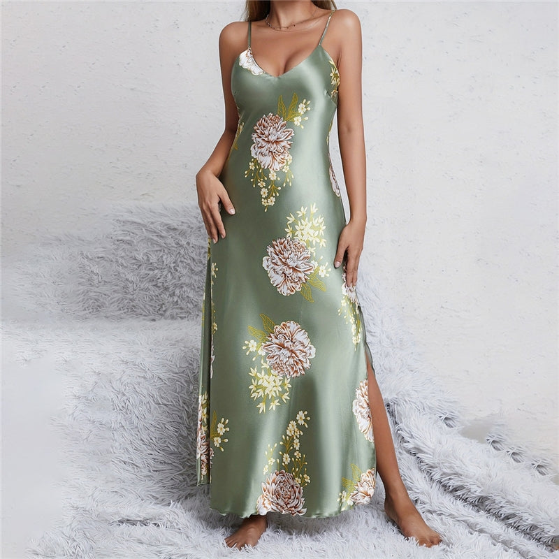 Women Fashion Sexy Floral Printed Sleeveless Spaghetti Strap Loose Dress Pajamas