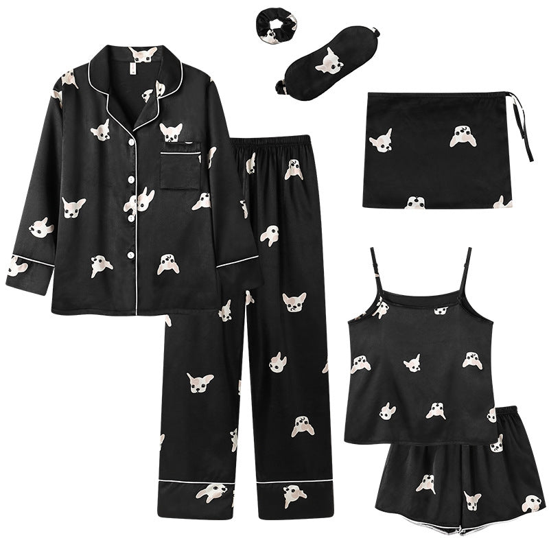 Women Simple Casual Stripe Printed Thin Pajamas Seven-Piece Set