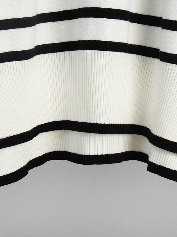 High-Low Long Sleeves Split-Joint Split-Side Striped High Neck Sweater Tops