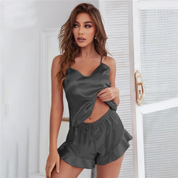 Women Fashion Sexy Solid Color Ice Silk Camisole Loose Shorts Pajamas Two-Piece Set