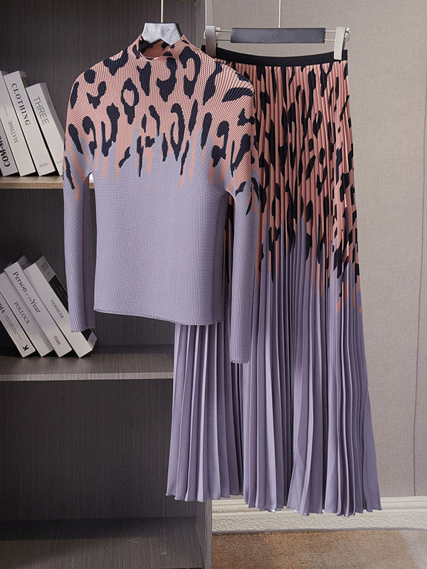 Long Sleeves Printed Mock Neck T-Shirt Top + Pleated A-Line Skirts Bottom Two Pieces Set