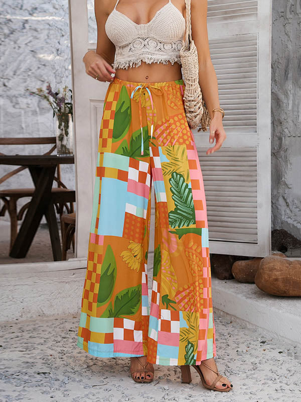 High Waisted Loose Contrast Color Drawstring Pockets Pants Trousers