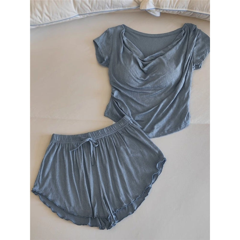 Women Fashion Casual Solid Color Cotton Short-Sleeved T-Shirt Loose Shorts Pajamas Two-Piece Set