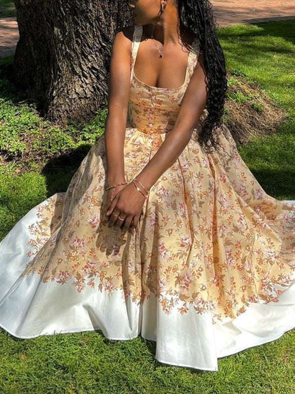 A-Line High Waisted Buttoned Flower Print Pleated Zipper Spaghetti-Neck Maxi Dresses