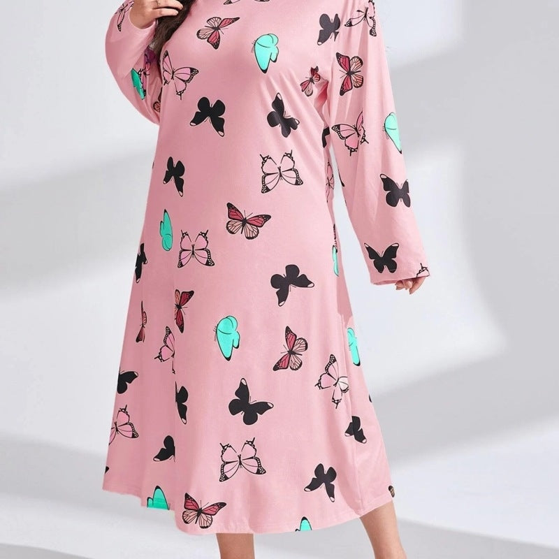 Women Fashion Casual Butterfly Printing Long Sleeve Plus Size Nightgown