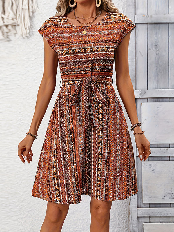 A-Line Loose Contrast Color Tied Waist Round-Neck Mini Dresses